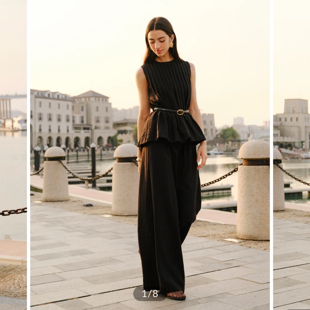 Commense Peplum Top Wide-Leg Pants Set With Belt